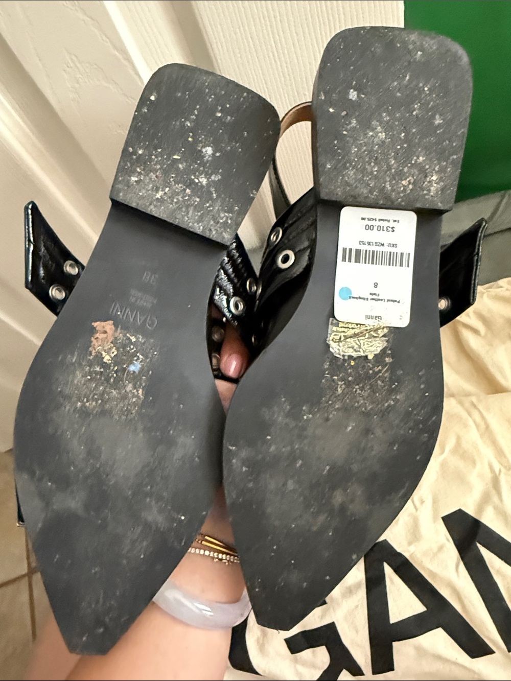 Ganni Black Leather Pointed Slingback Flats with Silver Eyelet Straps - Picture 5 of 7